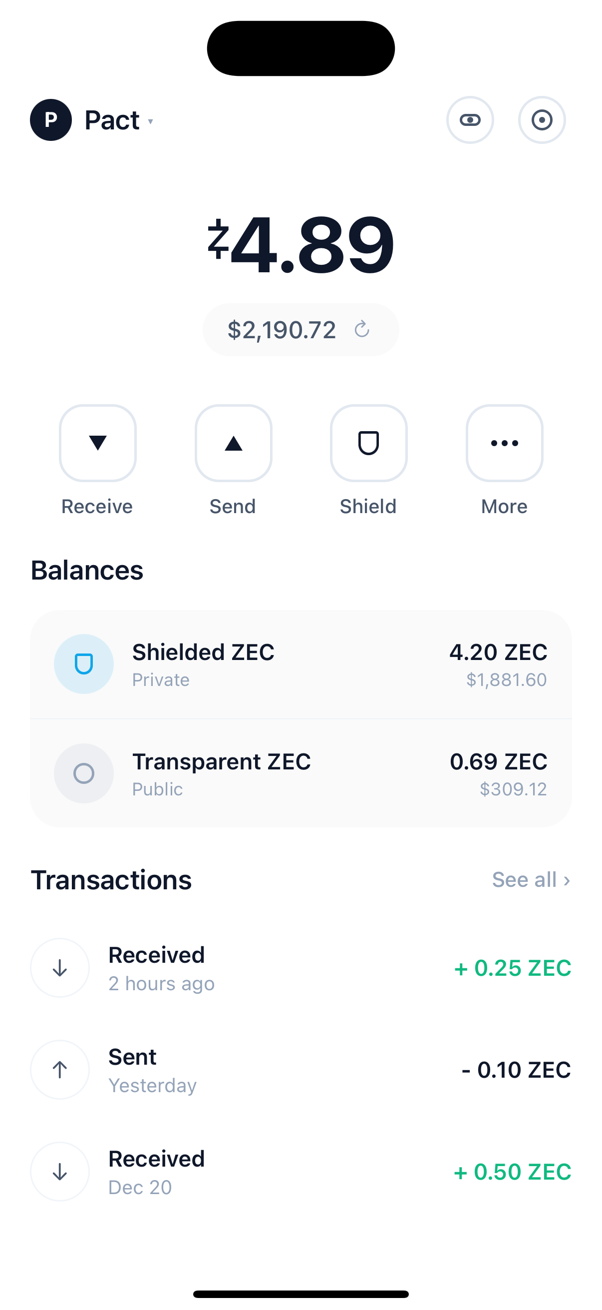 Pact Wallet home screen showing balance and transactions
