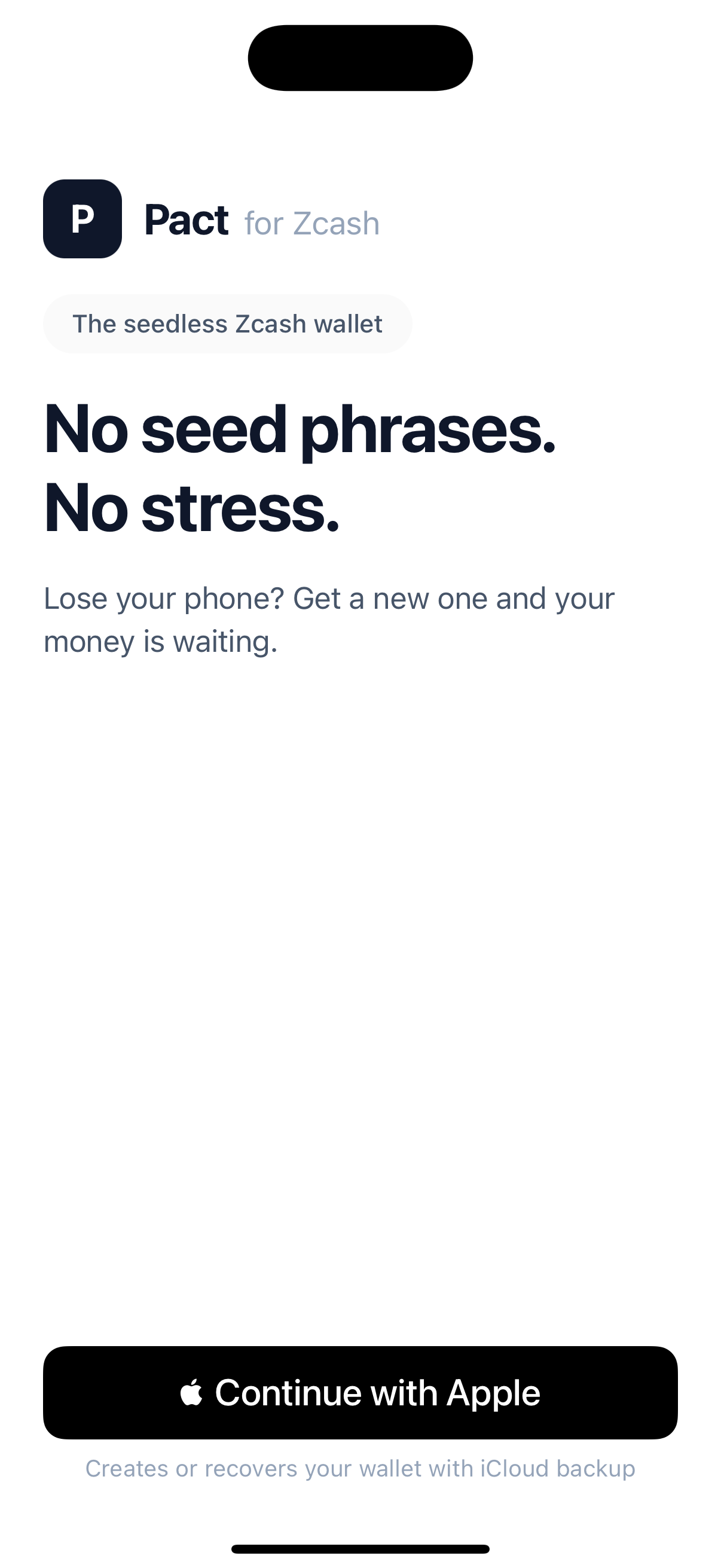Pact Wallet welcome screen with Apple Sign-In